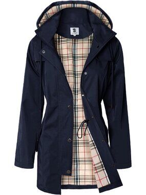 Women's Navy Blue Long Hooded Rain Jacket Outdoor Raincoat Windbreaker Rain Coat
